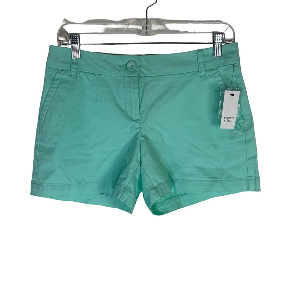 Crown & Ivy Chino Shorts Womens 4P Mint Cielo Teal Cotton Stretch Petite New Tag
